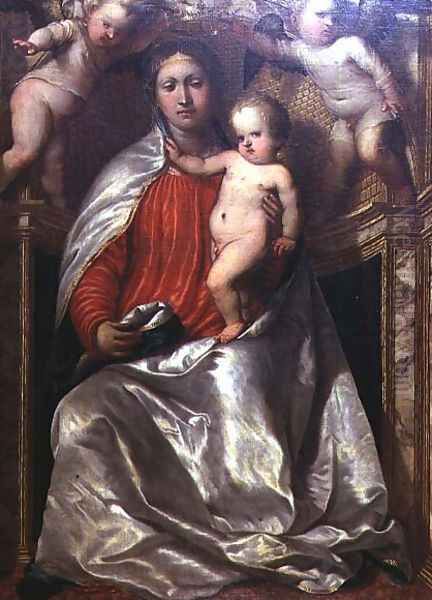 Madonna and Child crowned by two angels, c.1530 Oil Painting by Gerolamo Romanino