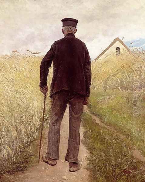 Old man walking in a rye field Oil Painting by Lauritz Andersen Ring