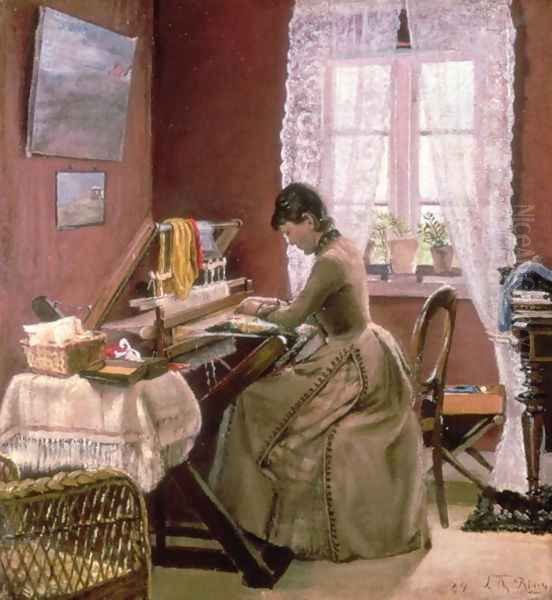 Johanne Wilde, the artists wife, at her loom Oil Painting by Lauritz Andersen Ring