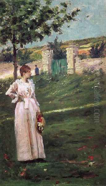 Woman in a Landscape Oil Painting by Charles Stanley Reinhart