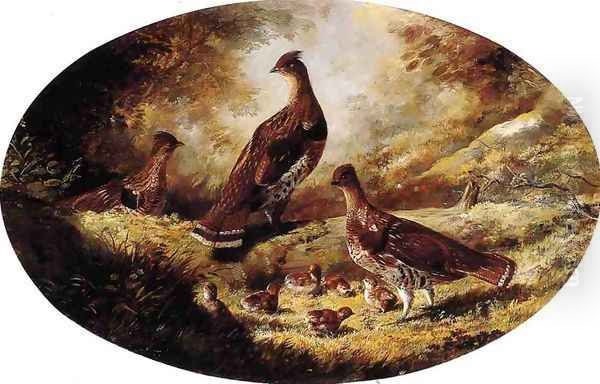 Grouse Family Oil Painting by Ferdinand Richardt