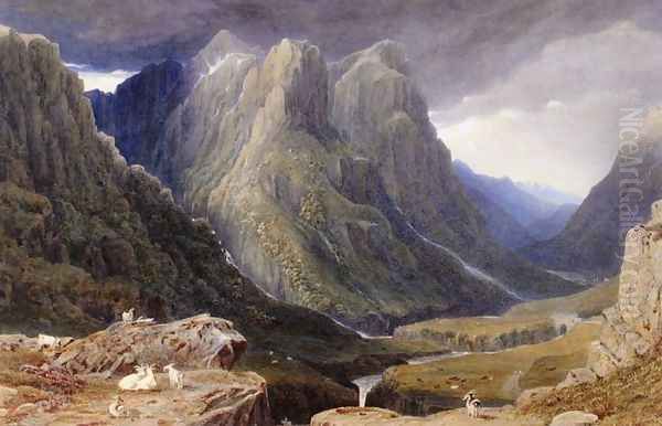 Goats on a Rocky Outcrop above a Highland Glen Oil Painting by George Fennel Robson