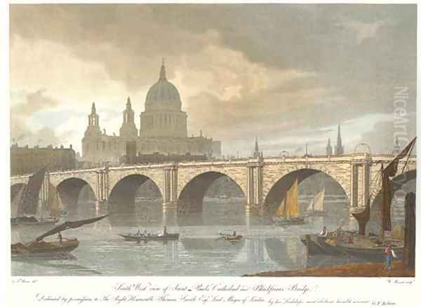 South West view of Saint Paul's Cathedral, and Blackfriars Bridge by W. Bennet Oil Painting by George Fennel Robson