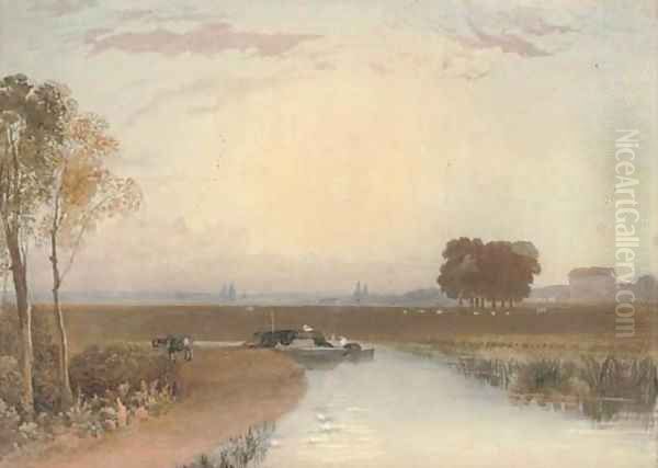 Barging on the Fens Oil Painting by George Fennel Robson