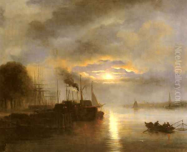 Vessels before a Harbour town by Moonlight, possibly Rotterdam Oil Painting by Nicolaas Johannes Roosenboom