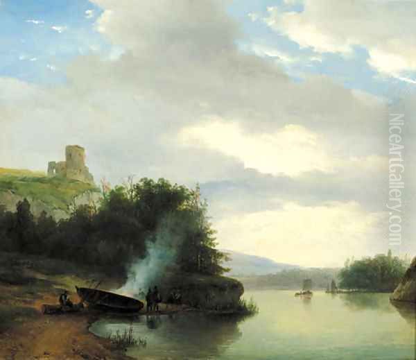 A hilly river landscape with figures along the water making a fire Oil Painting by Nicolaas Johannes Roosenboom