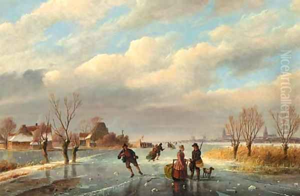 A rendez-vous on the frozen waterway Oil Painting by Nicolaas Johannes Roosenboom