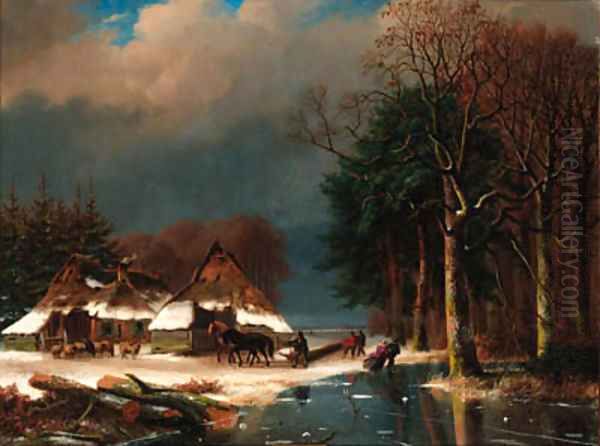 A winter landscape with loggers Oil Painting by Nicolaas Johannes Roosenboom