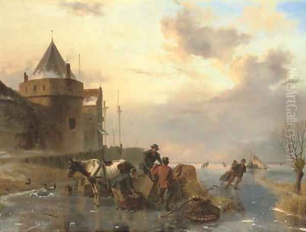 Unloading the horsedrawn sledge on the ice Oil Painting by Nicolaas Johannes Roosenboom