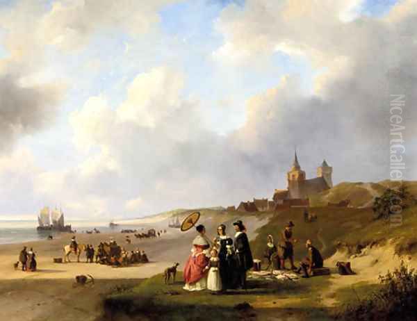 Een strandgezicht bij Scheveningen elegant figures on the beach on a summer day Oil Painting by Nicolaas Johannes Roosenboom