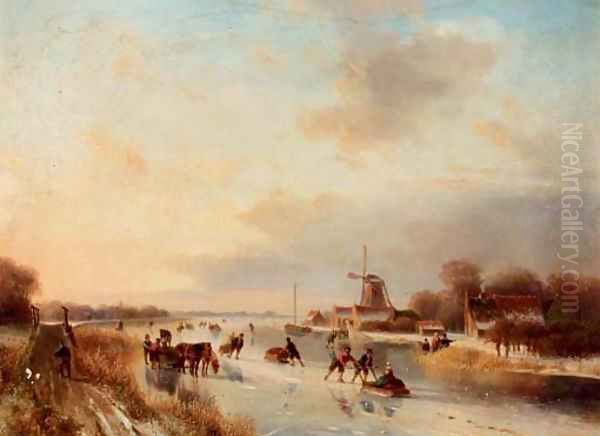 Numerous skaters on a frozen waterway Oil Painting by Nicolaas Johannes Roosenboom