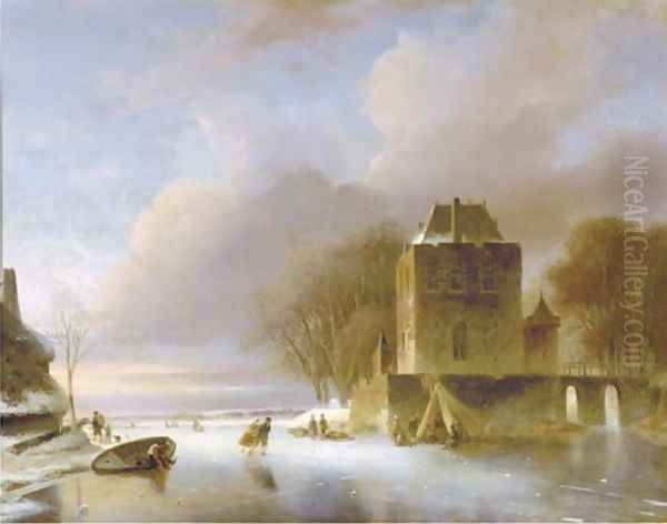 Skaters on a frozen river with a koek en zopie by a mansion Oil Painting by Nicolaas Johannes Roosenboom