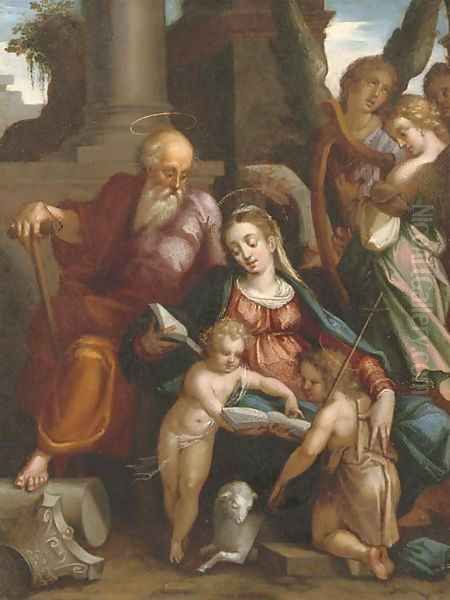 The Holy Family with Saint John the Baptist and Angels making music Oil Painting by Hans Rottenhammer