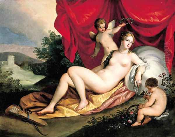 Venus reclining with two putti Oil Painting by Hans Rottenhammer