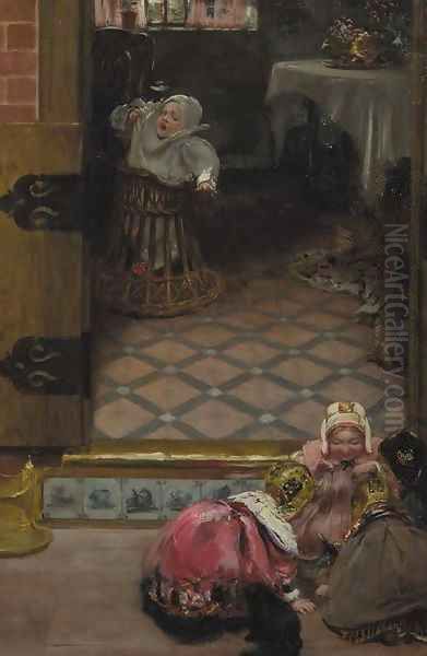 Interior with children playing Oil Painting by Robert Thorburn Ross