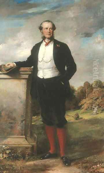 Portrait Of Beilby Richard Lawley, 2nd Baron Wenlock, Full-Length, In A Brown Suit With A White Waistcoat, Standing On The Terrace At Escrick Hall by George Richmond