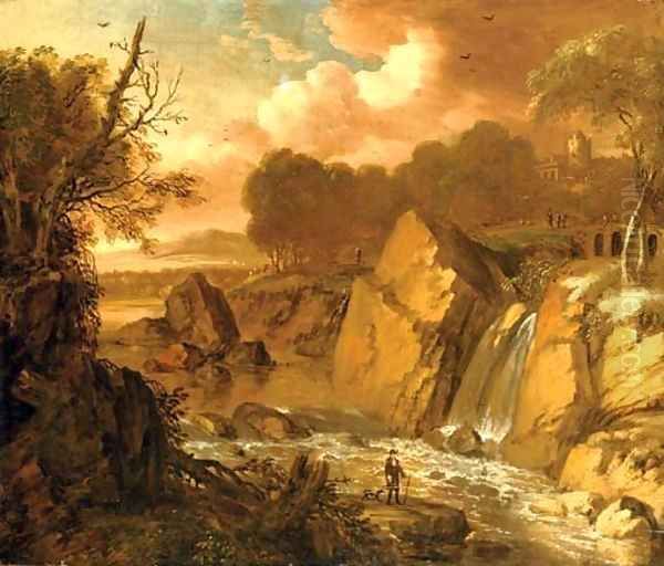 A traveler on a path by a waterfall in an Italianate landscape, a fortress beyond Oil Painting by George Richmond