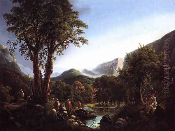 A Gathering of Indians in a Primeval Landscape Oil Painting by Martin Andreas Reisner