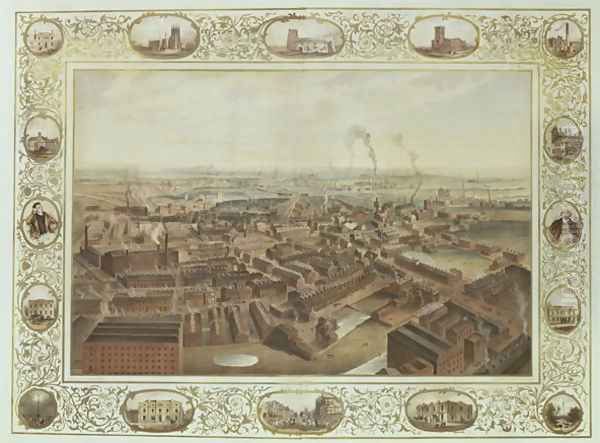 Bolton from Blinkhorns Chimney with vignettes of Local Buildings, 1848 Oil Painting by Selim Rothwell