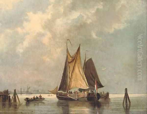 Dutch barges in light airs Oil Painting by Johann Adolphe Rust