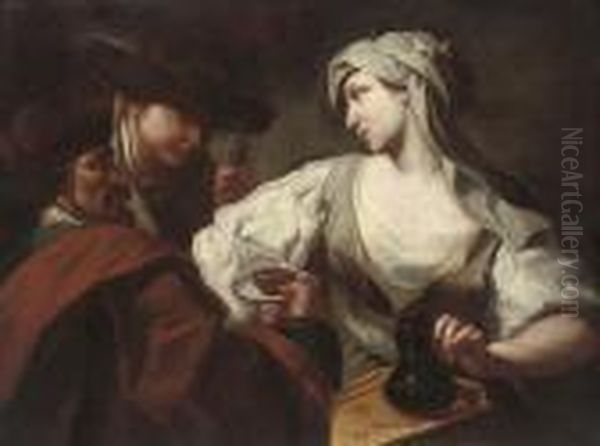 A Woman Serving Two Men Chocolate Oil Painting by Giovanni Battista Piazzetta