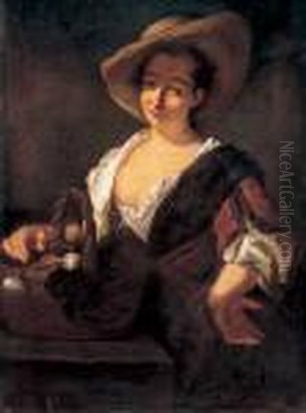 Giovane Popolana Con Cappello Di Paglia E Cesta Di Ortaggi Oil Painting by Giovanni Battista Piazzetta