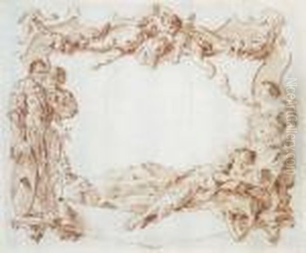 Design For A Cartouche With 
Putti Holding A Trophy Above Two Soldiers Spying On Two Reclining Women,
 A Landscape Beyond Oil Painting by Giovanni Battista Piazzetta