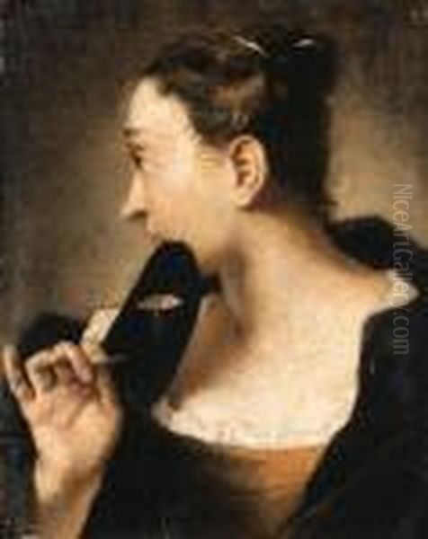 A Woman Turning To The Right Holding A Carnival Mask Oil Painting by Giovanni Battista Piazzetta