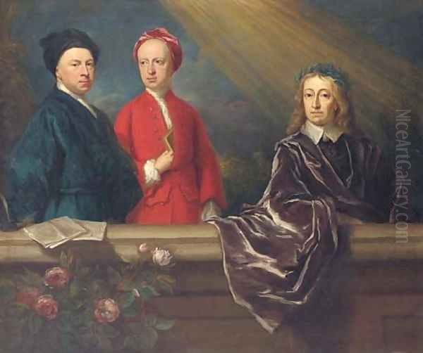 Group portrait of the artist and his son, Jonathan, with John Milton, three-quarter-length, on a balcony Oil Painting by Jonathan Richardson