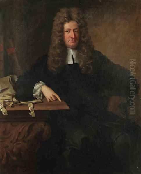 Portrait of Sir John Holt (1642-1710), Lord Chief Justice of the King's bench, seated three-quarter-length, in a black coat, resting his arm on table Oil Painting by Jonathan Richardson