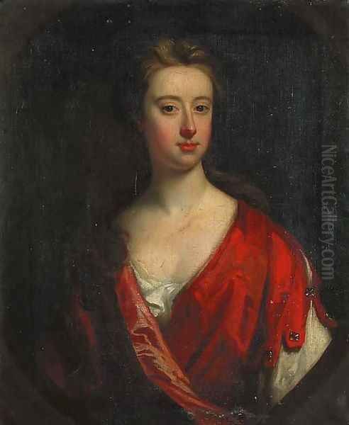 Portrait of a lady of the Barrington family, half-length, in a red dress, feigned oval Oil Painting by Jonathan Richardson