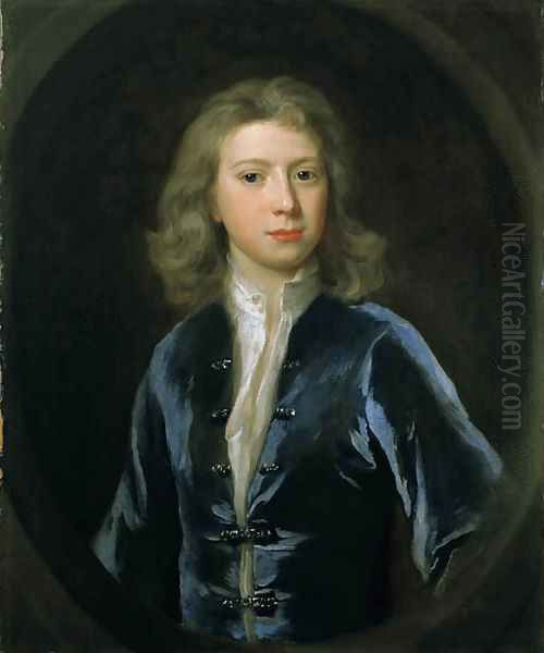 Portrait of a young man, identified as Jonathan Richardson, Jnr., half-length in a blue jacket Oil Painting by Jonathan Richardson