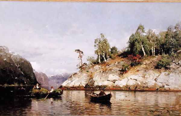 Gathering Hay on the Fjord, 1876 Oil Painting by Georg Anton Rasmussen