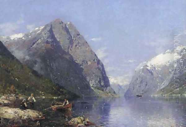 A Norwegian fjord in summer, with children fishing in the foreground Oil Painting by Georg Anton Rasmussen