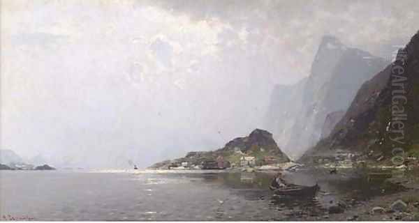 Rowing out on a Norwegian Fjord Oil Painting by Georg Anton Rasmussen