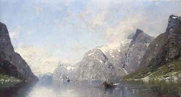 Rowing on a Norwegian Fjord Oil Painting by Georg Anton Rasmussen