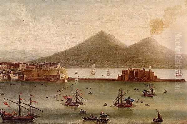 Naples, A View Of The Bay Taken From Posillipo Looking Towards Mount Vesuvius - detail Oil Painting by Juan Ruiz