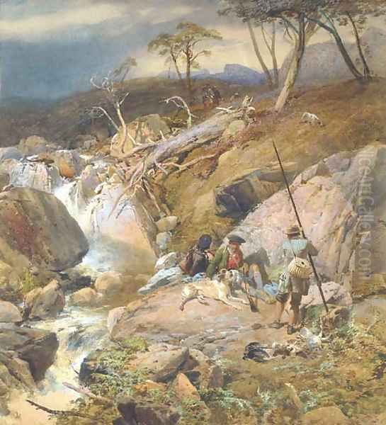 A Highland burn with an angler conversing with two gillies other sportsmen can be seen approaching from the distance Oil Painting by Thomas Miles Richardson, Jnr.