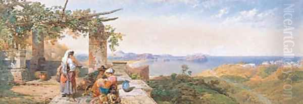 Figures in Neopolitan dress on a Terrace overlooking the Bay of Naples from above Pozzuoli with Nisido and Capri beyond Oil Painting by Thomas Miles Richardson, Jnr.