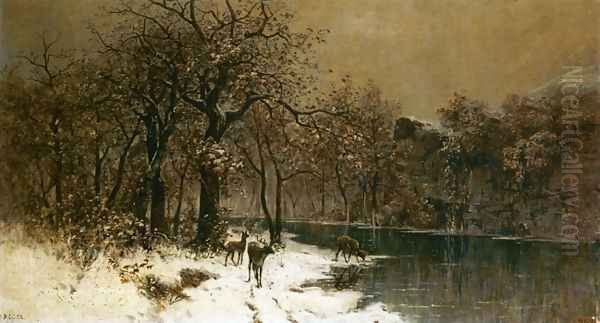 Deer in a Wintery Forest Oil Painting by Prospero Ricca