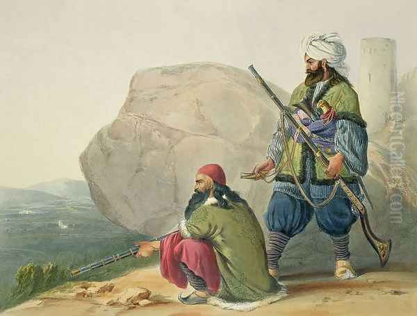 Afghaun Foot Soldiers in their Winter Dress, with Entrance to the Valley of Urgundeh, plate 11 from Scenery, Inhabitants and Costumes of Afghanistan, engraved by Robert Carrick c.1829-1904 1848 Oil Painting by James Rattray