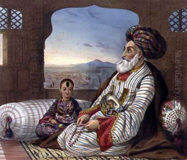 Dost Mahommed 1793-1863 King of Caubul and his Youngest Son, plate 2 from Scenery, Inhabitants and Costumes of Afghanistan, engraved by E. Walker, 1848 Oil Painting by James Rattray