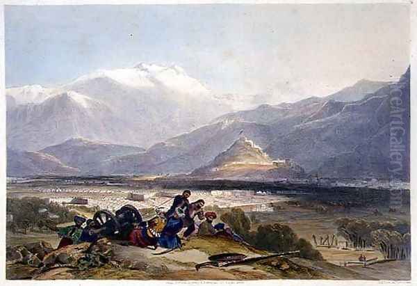 Bala Hissar and City of Kabul with the British Cantonments from the Ba Maroo Hill, Hostilities Commencing, plate 16 from 'Scenery, Inhabitants and Costumes of Afghanistan, engraved by R. Carrick c.1829-1904, 1848 Oil Painting by James Rattray