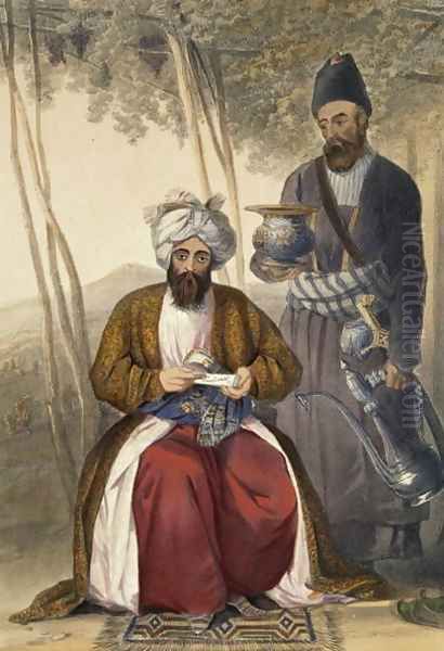 Mahommed Naib Shurreef, a Celebrated Kuzzilbach Chief of Caubul and his Peshkhidmut or Head Attendant, plate 15 from Scenery, Inhabitants and Costumes of Afghanistan, engraved by Robert Carrick c.1829-1904 1848 Oil Painting by James Rattray