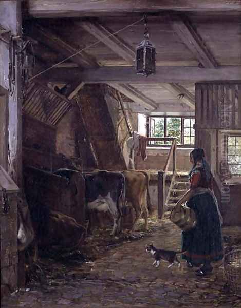 In the Cow Byre Oil Painting by Jorgen Roed