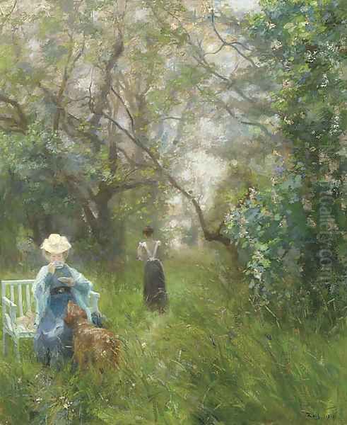 Tea in a sunlit glade Oil Painting by Alfred Roll