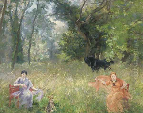 Flower pickers in a summer meadow Oil Painting by Alfred Roll