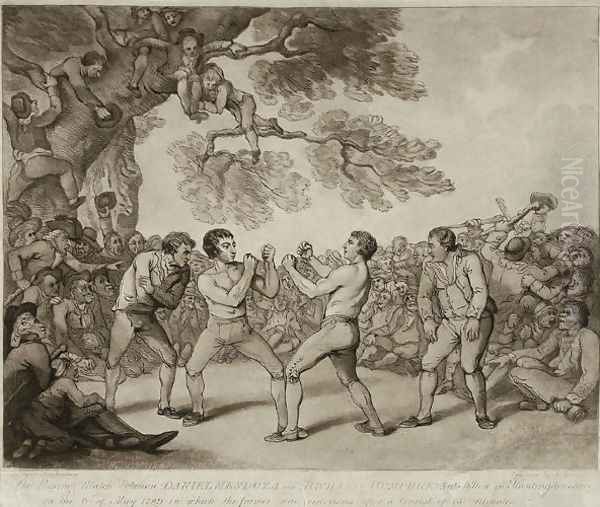 The Boxing Match between Daniel Mendoza and Richard Humphreys at Stilton, Huntingdonshire, 6th May 1789, engraved by Joseph Grozer c.1755-99 Oil Painting by Thomas Rowlandson