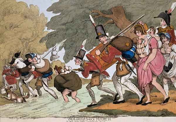 Soldiers on a march, engraving by G.M.Woodward, published 1811 Oil Painting by Thomas Rowlandson