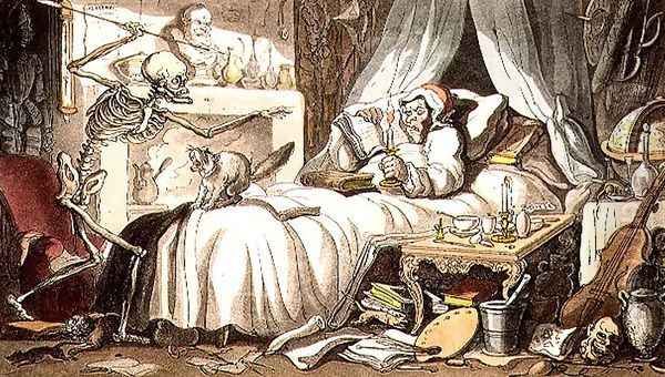 Fungus, at length, contrives to get-Deaths Dart into his Cabinet, from the English Dance of Death pub. by Rudolph Ackermann 1764-1834 1814 Oil Painting by Thomas Rowlandson